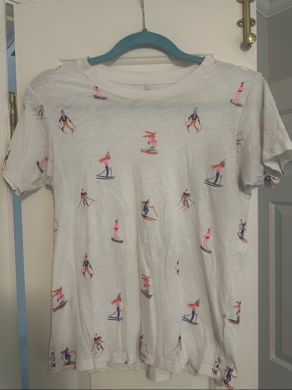J. Crew White Tee with Pink Skiers
